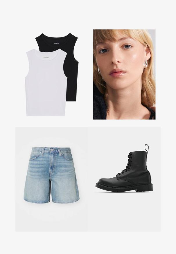 Due magliette senza maniche, in bianco e nero, realizzate in cotone a coste, con colli rotondi e un design aderente. Etichette visibili su entrambe.; Pantaloni corti in denim azzurro chiaro con taglio dritto, cinque tasche, passanti per la cintura e orlo leggermente sfilacciato. Texture e finitura classiche dei jeans.; Stivale da combattimento in pelle nera con punta tonda, chiusura con lacci e linguetta alla caviglia. Presenta una suola in gomma spessa per durabilità.; Pilgrim ASHER RECYCLED EARRINGS - Orecchini - silver-coloured