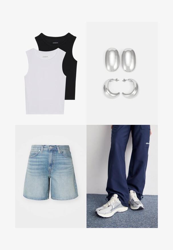 To skjortetopper uten ermer i svart og hvitt, laget av ribbestrikket bomull, med rund hals og en tettsittende design. Merker synlige på begge.; Lys blå denimshorts med rett snitt, fem lommer, beltehemper og en lett slitt kant. Klassisk jeansuttrykk og -finish.; Nike treningssko med sølvfarget mesh-overdel, hvite detaljer og teksturerte såler, kombinert med løse mørkeblå bukser.; Sølvfargede øredobber sett: to ovale stifter og to halvmåneformede hoops, med en glansfull, glatt overflate og en rund design.