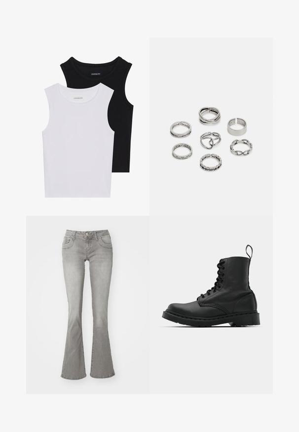 Duas blusas sem mangas em preto e branco, feitas de algodão canelado, com decotes redondos e um design ajustado. Etiquetas visíveis em ambas.; Jeans cinzentos com pernas amplas e subida média, bolsos frontais e fecho de botão, feitos de tecido de ganga com uma textura suave.; Bota de combate em couro preto com bico redondo, atacadores na parte da frente e um puxador no tornozelo. Apresenta uma sola de borracha grossa para maior durabilidade.; Conjunto de sete anéis de prata com vários designs, incluindo padrões torcidos, entrelaçados e gravados. Diferentes formas e larguras.