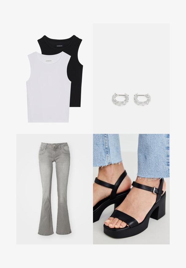 Du kamščių be rankovių juodos ir baltos spalvų, pagaminti iš banguoto medvilnės, su apvaliais kaklo iškirpimais ir priglundančiu siluetu. Matomi etiketės abiejuose.; Pilkos platėjančios džinsai su vidutinio aukščio liemeniu, priekinėmis kišenėmis ir mygtuko užsegimu, pagaminti iš džinsinio audinio, turinčio lygų paviršių.; ALDO CELIE - Aukštakulniai sandalai - black; Sidabrinės auskarų kabliukų formos auskarai, papuošti aiškiais, stačiakampiais ir trikampiais kristalais, kurie išdėstyti raštuotu dizainu. Tvirtinimai, užtikrinantys saugų prilaikymą.