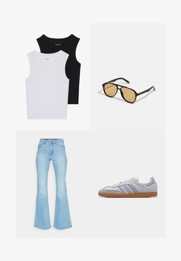 Două topuri fără mâneci, în alb și negru, fabricate din bumbac ribbed, având decolteuri rotunde și un design ajustat. Etichetele sunt vizibile pe ambele.; Jeans decolorate, evazate, confecționate din denim, cu talie înaltă, buzunare frontale și un finisaj curat la margini, cu cusături vizibile.; Tenisi din piele albă cu accente albastre deschise, vârf din suede gri și talpă din cauciuc maro. Prezintă trei dungi albastre și branding "Samba".; Ochelari de soare negri cu lentile de culoare maro; formă rectangulară cu un cadru gros, inclusiv accente hardware subtile pe mânere.