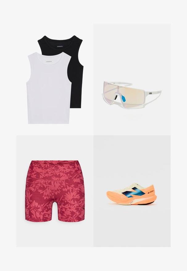Dos camisetas sin mangas en negro y blanco, hechas de algodón acanalado, con escote redondo y un diseño ajustado. Etiquetas visibles en ambas.; Pantalones cortos de estampado floral rojo, fabricados con material elástico, que presentan una cinturilla elástica y costuras planas para mayor comodidad y libertad de movimiento.; Zapatilla de running con un upper ligero en color crema, branding azul y acentos naranjas en la suela. Textura de malla para mayor transpirabilidad.; Gafas de sol con marco blanco y lentes grandes en degradado que presentan un tinte de rosa a naranja claro, acentuadas con una pieza nasal azul y un detalle del logo.