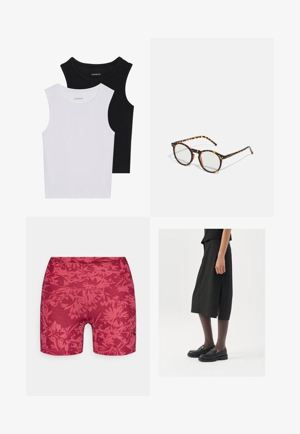 Két ujjatlan felső fekete és fehér színben, bordás pamutból készült, kerek nyakkivágással és testhez simuló fazonnal. Mindkettőn látható címke.; Piros virágmintás rövidnadrág, rugalmas anyagból készült, amely kényelmes, elasztikus derékrésszel és lapos varrásokkal rendelkezik a kényelmes mozgás érdekében.; Fekete térdihossziruhával oldalszlittel, fekete loaferekkel és áttetsző barna harisnyával párosítva, sima anyagú és egyszerű dizájnú.; Kerek napszemüveg teknőspáncélszerű mintázattal és átlátszó lencsékkel. Vastag, könnyű kerettel és karcsú szárakkal rendelkezik.