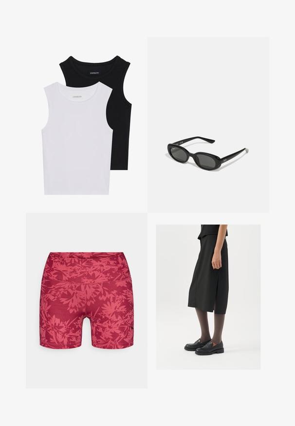 Duas blusas sem mangas em preto e branco, feitas de algodão canelado, com decotes redondos e um design ajustado. Etiquetas visíveis em ambas.; Calças curtas com padrão floral vermelho, feitas de material elástico, apresentando um cós elástico e costuras planas para conforto e facilidade de movimento.; Saia preta até ao joelho com fenda lateral, combinada com sapatos loafers pretos e meias-tights transparentes castanhas, apresentando um tecido suave e um design simples.; Óculos de sol pretos com lentes ovais, armação de plástico brilhante e hastes finas. Apresenta o logo da Ray-Ban em branco na lateral.