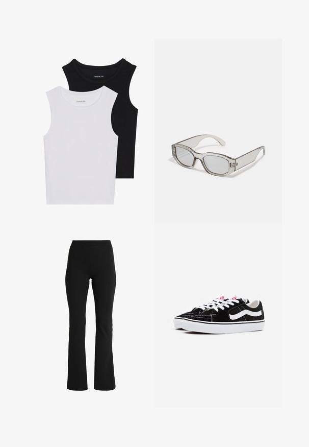 Dve bezrukávové topy v čiernej a bielej farbe, vyrobené z rebrovanej bavlny, s okrúhlym výstrihom a priliehavým strihom. Viditeľné štítky na oboch.; Čierne rozšírené nohavice vyrobené z elastickej látky. Majú široký pás a hladkú štruktúru, navrhnuté tak, aby tesne obopínali boky.; Čierne semišové tenisky s bielymi šnúrkami, ktoré majú výrazný biely bočný pruh a čiernu gumovú podrážku, pričom predvádzajú detaily kontrastného prešívania.; Sivá priehľadná slnečné okuliare s obdĺžnikovým tvarom, plochými šošovkami a hrubými ramienkami. Obsahujú jemný detail pántu na spánkoch.