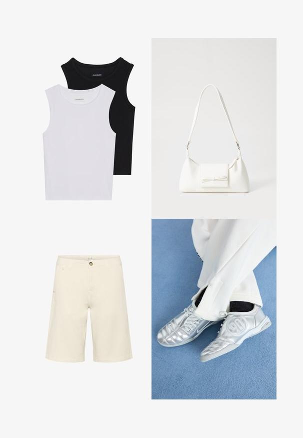 Deux hauts sans manches en noir et blanc, en coton côtelé, avec des encolures rondes et une coupe ajustée. Étiquettes visibles sur les deux.; Shorts couleur crème en mélange de coton, présentant une fermeture à bouton, des passants de ceinture et des poches latérales ; texture lisse avec un design à coupe droite.; Des chaussures de sport argentées avec une finition lisse et brillante, présentant un design cousu et le numéro 90 sur le côté, assorties à un pantalon blanc.; Sac à main synthétique blanc en forme triangulaire, avec un rabat avant plat et un détail en nœud, une bandoulière ajustable, une texture lisse et un design minimaliste.