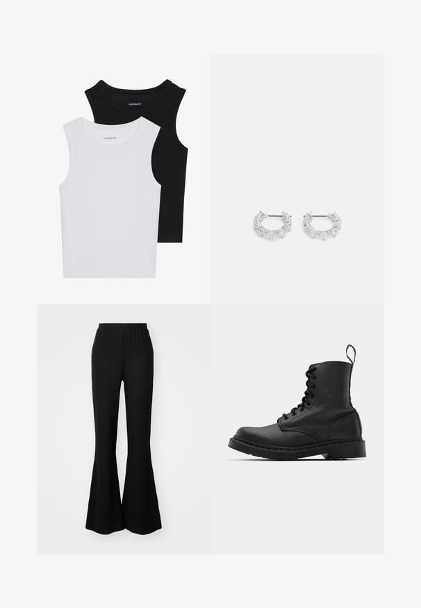 Dwie bezrękawniki w kolorze czarnym i białym, wykonane z prążkowanej bawełny, z okrągłymi dekoltami i dopasowanym fasonem. Widoczne etykiety na obu.; Czarne spódnie dzwony z elastycznym pasem, wykonane z teksturowanej tkaniny. Spodnie mają dopasowaną górę i szerokie, swobodnie opadające nogawki.; Czarne skórzane buty wojskowe z okrągłym noskiem, sznurowanym przodem i pętelką przy kostce. Posiadają grubą gumową podeszwę dla zwiększenia trwałości.; Srebrne kolczyki w kształcie kół z przezroczystymi, prostokątnymi i trójkątnymi kryształami ułożonymi w wzorzysty design. Zapięcia dla zapewnienia bezpieczeństwa.