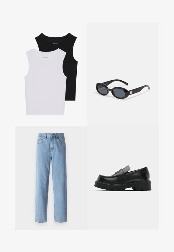 Duas blusas sem mangas em preto e branco, feitas de algodão canelado, com decotes redondos e um design ajustado. Etiquetas visíveis em ambas.; Jeans de ganga azul claro com corte reto, cintura alta e design de cinco bolsos. Apresenta um botão de metal e passantes para cinto.; Sapatos loafers de couro preto com uma sola texturizada grossa, apresentando uma faixa sobre o peito do pé e um acabamento liso e polido.; Óculos de sol pretos em formato oval com lentes escuras, armação de plástico brilhante, hastes largas e um pequeno detalhe em dourado de um lado.