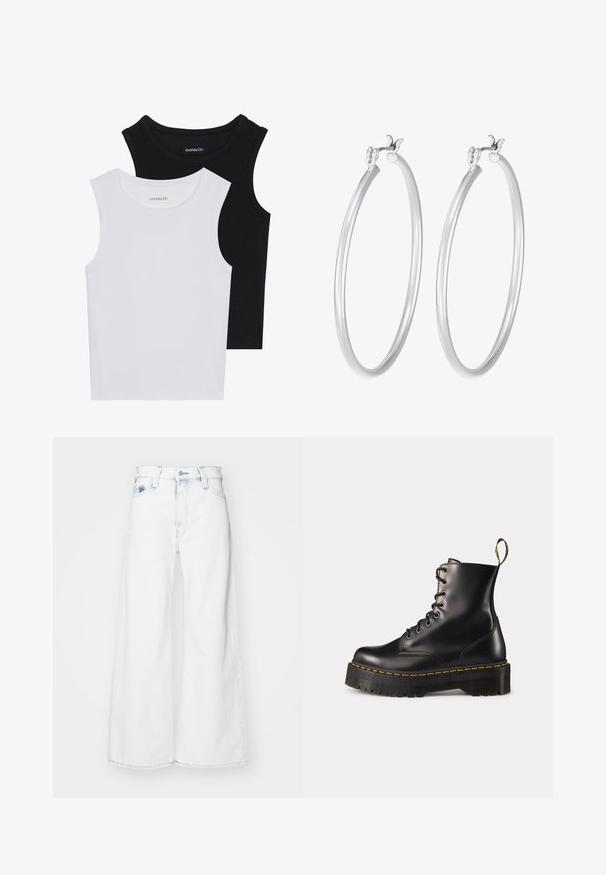 Two sleeveless tops in black and white, made of ribbed cotton, featuring round necklines and a fitted design. Labels visible on both.; Wide-leg white denim jeans with a high waist, featuring a front button closure and classic five-pocket design. Smooth texture with minimal fading.; Black leather lace-up ankle boots with a chunky black sole and yellow stitching. Features a pull tab at the back and circular metal eyelets.; Silver hoop earrings featuring a smooth, glossy finish with a minimalist design and secure closure at the top.
