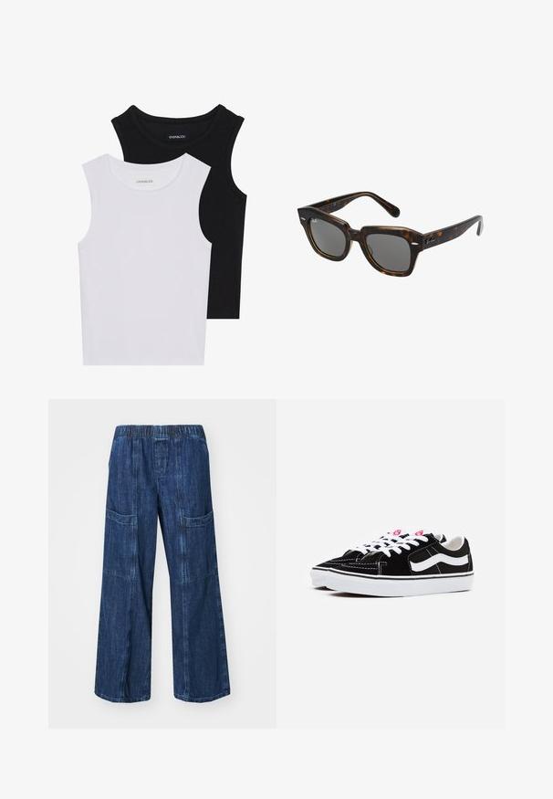 Deux hauts sans manches en noir et blanc, en coton côtelé, avec des encolures rondes et une coupe ajustée. Étiquettes visibles sur les deux.; GAP UTILITY EASY MALA - Wide Leg - dark indigo; Baskets en daim noir avec des lacets blancs, arborant une bande latérale blanche bien prononcée et une semelle en caoutchouc noir, mettant en avant des détails de surpiqûres contrastées.; Lunettes de soleil rectangulaires avec une monture en plastique écaille de tortue, verres sombres et accents en métal argenté sur les côtés. Fabriquées en Italie.