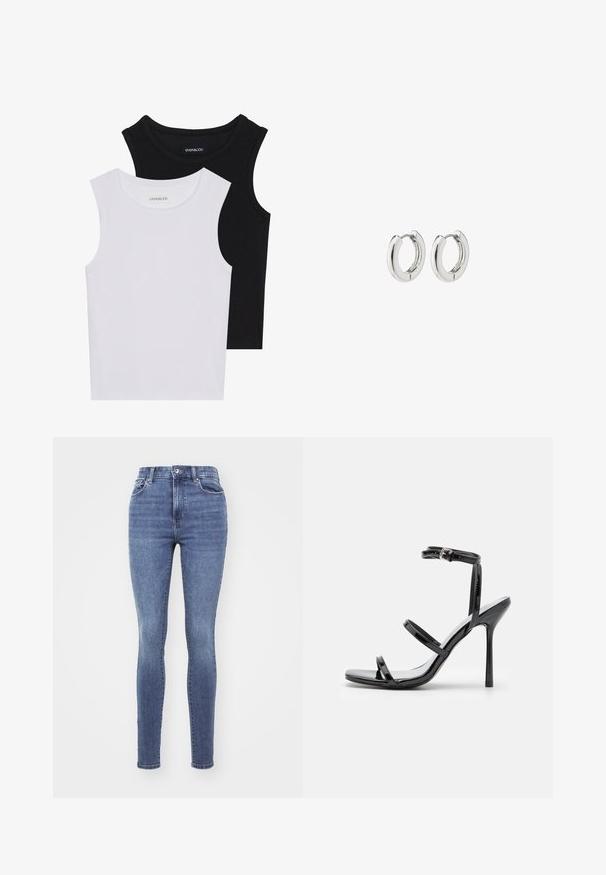 Dva majica bez rukava u crnoj i bijeloj boji, izrađene od rebrastog pamuka, s okruglim izrezima i prianjajućim dizajnom. Oznake su vidljive na obje.; Tanke traperice napravljene od denima srednjeg pranja. Imaju visok struk, dizajn s pet džepova i klasično kopčanje na dugme i zatvarač. Glatka tekstura.; Crne lakirane kožne sandale s visokom potpeticom, s tri horizontalne trake i podesivom trakicom oko gležnja. Elegantan oblik i sjajan završni sloj.; Srebrne kružne naušnice s poliranim završetkom, koje imaju kružni dizajn i bešavne šarke, prikazujući glatku teksturu.