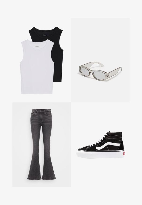 Två ärmlösa toppar i svart och vitt, tillverkade av ribbat bomull, med rund halsringning och en figurpassande design. Etiketter synliga på båda.; G-STAR 3301 FLARE - Jeans bootcut - faded grey; Svarta hög top sneakers med vita snören, en vit logotyp och kontrasterande vita sömmar. Har en tjock vit sula och texturerad mockaöverdel.; Grå, genomskinliga solglasögon med rektangulär form, platta linser och tjocka skalmar. Har en subtil gångjärnsdetalj vid tinningarna.