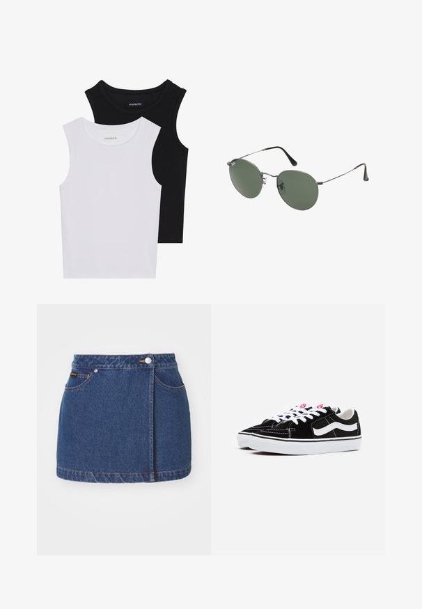 Δύο αμάνικα μπλουζάκια σε μαύρο και λευκό χρώμα, φτιαγμένα από ραμμένο βαμβάκι, με στρογγυλά ντεκολτέ και εφαρμοστό σχέδιο. Ορατές ετικέτες και στα δύο.; Τζιν μίνι φούστα, σκούρο μπλε, με μπροστινό κλείσιμο με κουμπί, πλάγιες τσέπες και κίτρινες ραφές γύρω από το στρίφωμα και τις ραφές.; Μαύρα σουέτ αθλητικά παπούτσια με λευκά κορδόνια, που διαθέτουν μια έντονη λευκή λωρίδα στο πλάι και μαύρη καουτσούκ σόλα, αναδεικνύοντας λεπτομέρειες αντίθετης ραφής.; Σαπούνια κατασκευασμένα από μέταλλο με οβάλ πράσινους φακούς. Λεπτό ασημένιο μεταλλικό πλαίσιο και μαύρα ακροφύσια. Μινιμαλιστικός σχεδιασμός, χωρίς ορατά λογότυπα.