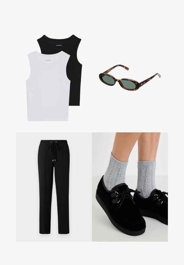 Due magliette senza maniche, in bianco e nero, realizzate in cotone a coste, con colli rotondi e un design aderente. Etichette visibili su entrambe.; Pantaloni neri con vita elastica, cordoncino e dettagli in metallo dorato. Il tessuto ha una texture liscia ed è caratterizzato da un design a gamba dritta.; Scarpe in velluto nero con suola piatta, punta rotonda e doppie asole. Indossate con calzini grigi a maglia cable. Texture liscia e design semplice.; Occhiali da sole tartarugati con montatura ovale e lenti verdi. Presentano aste sottili con un accento metallico vicino alle cerniere.