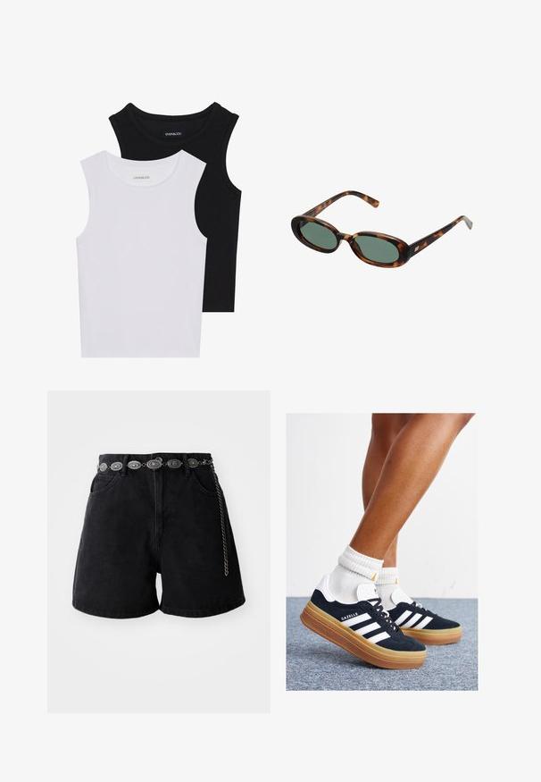 Dos camisetas sin mangas en negro y blanco, hechas de algodón acanalado, con escote redondo y un diseño ajustado. Etiquetas visibles en ambas.; Pantalones cortos de mezclilla negra con cintura alta, bolsillos frontales y un cinturón decorativo de cadena plateada con acentos ovalados. Textura suave.; Zapatillas deportivas de gamuza negra con rayas y detalles blancos, puntera redondeada, suela de goma color caramelo, combinadas con calcetines blancos acanalados a la altura del tobillo.; Gafas de sol de carey con montura ovalada y lentes verdes. Presentan brazos delgados con un detalle metálico cerca de las bisagras.
