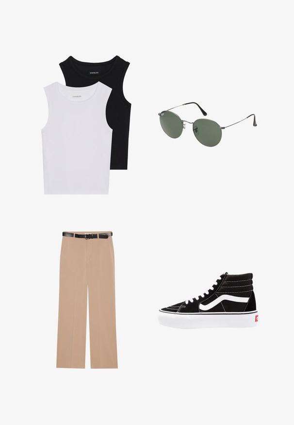 Két ujjatlan felső fekete és fehér színben, bordás pamutból készült, kerek nyakkivágással és testhez simuló fazonnal. Mindkettőn látható címke.; Beige, széles lábú nadrág sima textúrával, fekete övvel ezüst csattal és két oldalsó zsebbel.; Fekete magasszárú sportcipők fehér fűzővel, fehér logóval és kontrasztos fehér varrással. Vastag fehér talppal és texturált velúrból készült felsőrész jellemzi.; Fémkeretes napszemüveg ovális zöld lencsékkel. Vékony ezüst színű fémkeret és fekete fülrész. Minimalista dizájn, látható logók nélkül.