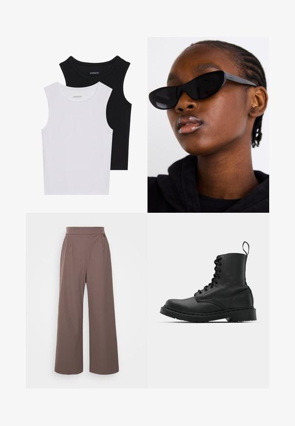 Divas bez piedurknēm melnbaltā krāsā, izgatavotas no ribotu kokvilnas, ar apaļām kakla izgriezumiem un pieguļošu dizainu. Uz abām ir redzami etiķetes.; Platas kāju bikses bālā brūnā krāsā, izgatavotas no gludas auduma. Iekļauta augsta jostasvieta un divas sānu kabatas, piedāvājot brīvu piegriezumu.; Melnas ādas kaujas zābaki ar apaļu purngalu, auklām priekšā un cilpu potītes daļā. Iespējojums ir biezs gumijas zolei, kas nodrošina izturību.; Melnas kaķa acs saulesbrilles ar matētu apdari, kas izceļas ar elegantu dizainu un maigi izliektiem stūriem, fona attēlā ir modelis ar tumšām drēbēm.