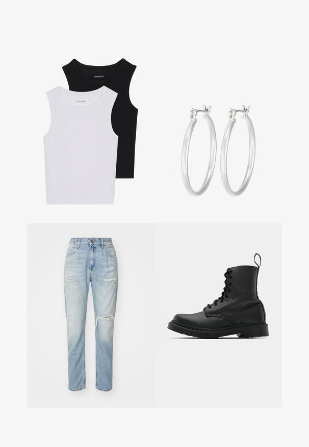 Divas bez piedurknēm melnbaltā krāsā, izgatavotas no ribotu kokvilnas, ar apaļām kakla izgriezumiem un pieguļošu dizainu. Uz abām ir redzami etiķetes.; Gaiši zili, nolietoti džinsi ar augstu vidukli, ar izsistiem un saplēstiem galiem. Taisnas piegriezuma dizains ar klasisko piecu kabatu stilu.; Melnas ādas kaujas zābaki ar apaļu purngalu, auklām priekšā un cilpu potītes daļā. Iespējojums ir biezs gumijas zolei, kas nodrošina izturību.; Sudraba riņķveida auss gredzeni ar gludu, pulētu apdari. Apaļa forma un drošs klikšķa augšējais slēgums. Viegls dizains, kas piemērots ikdienas valkāšanai.