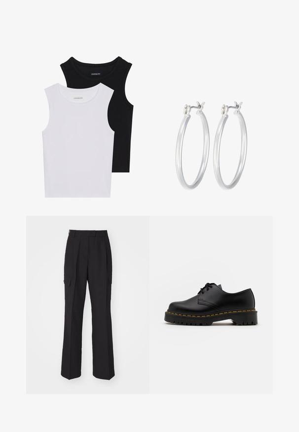 Dve brezrokavne majice v črni in beli barvi, izdelane iz rebrastega bombaža, z okroglimi izrezi in prilegajočim oblikovanjem. Oznake so vidne na obeh.; Črne cargo hlače s ravnim krojem, narejene iz gladkega materiala. Imajo dva stranska žepa in urejen pas.; Črne usnjene čevlje z vezalkami in zaobljenim nosom, z gumijastim podplatom in rumenim šivom okoli osnove. Ravna zasnova in gladka površina.; Srebrni obroči za ušesa z gladko, polirano površino. Okrogla oblika in varna zaponka s klikom. Lahka zasnova, primerna za vsakodnevno nošenje.