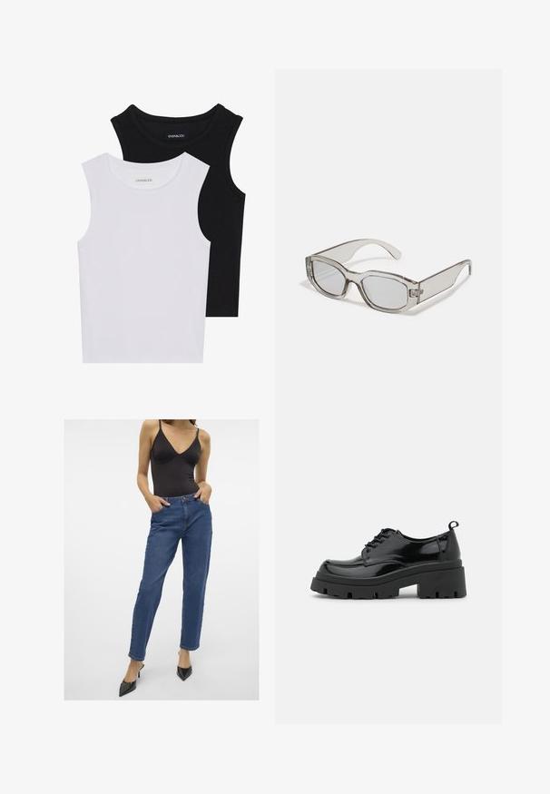 Δύο αμάνικα μπλουζάκια σε μαύρο και λευκό χρώμα, φτιαγμένα από ραμμένο βαμβάκι, με στρογγυλά ντεκολτέ και εφαρμοστό σχέδιο. Ορατές ετικέτες και στα δύο.; Σκούρο μπλε ψηλόμεσα τζιν με ίσια γραμμή, μπροστινές τσέπες και κλείσιμο με κουμπί, που συνδυάζονται με ένα μαύρο αμάνικο κορμάκι.; Μαύρα παπούτσια από πατέντα δέρμα με χοντρή σόλα πλατφόρμας και παχιά κορδόνια. Στρογγυλή μύτη, ελάχιστες λεπτομέρειες και μια μικρή θηλιά στο πίσω μέρος.; Γκρι διαφανή γυαλιά ηλίου με ορθογώνιο σχήμα, επίπεδους φακούς και παχιές βραχίονες. Διαθέτουν μια διακριτική λεπτομέρεια με μεντεσέδες στους κρόταφους.