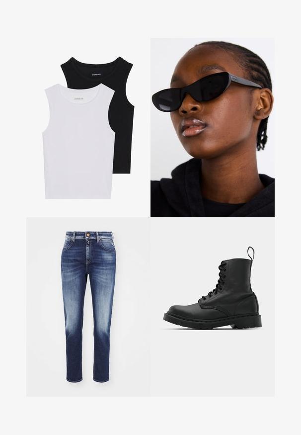 Divas bez piedurknēm melnbaltā krāsā, izgatavotas no ribotu kokvilnas, ar apaļām kakla izgriezumiem un pieguļošu dizainu. Uz abām ir redzami etiķetes.; Tumši zili džinsi, kas izgatavoti no denim, ar taisnu piegriezumu, vieglu izbalēšanu uz augšstilbiem, piecām kabatām un vienu vara pogu aizdari.; Melnas ādas kaujas zābaki ar apaļu purngalu, auklām priekšā un cilpu potītes daļā. Iespējojums ir biezs gumijas zolei, kas nodrošina izturību.; Melnas kaķa acs saulesbrilles ar matētu apdari, kas izceļas ar elegantu dizainu un maigi izliektiem stūriem, fona attēlā ir modelis ar tumšām drēbēm.