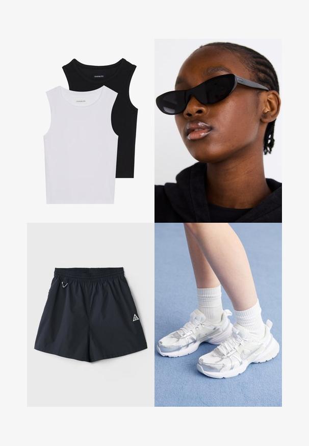 Dve bezrukávové topy v čiernej a bielej farbe, vyrobené z rebrovanej bavlny, s okrúhlym výstrihom a priliehavým strihom. Viditeľné štítky na oboch.; Ľahké námorníckomodré šortky s elastickým pásom, bočnými vreckami a malým trojuholníkovým logom; hladká textúra, minimalistický dizajn.; Biele športové topánky s sieťovinou a syntetickými prekrytiami, so strieborným logom Nike, kombinované s rebrovanými bielymi ponožkami na modrom povrchu.; Čierne slnečné okuliare v štýle mačacích očí s matným povrchom, s elegantným dizajnom a jemne zakrivenými hranami, umiestnené na pozadí modela v tmavom oblečení.; Strieborné kruhové náušnice s lešteným povrchom, s obvodovým dizajnom a bezšvíkovými pántmi, ktoré majú hladkú textúru.