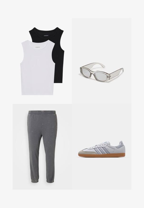 Två ärmlösa toppar i svart och vitt, tillverkade av ribbat bomull, med rund halsringning och en figurpassande design. Etiketter synliga på båda.; Grå, mjuk tygbyxa i joggerstil med elastiskt midjeband. Avsmalnande ben och manschetter, med en subtil sliten textur genom hela plagget.; Vita lädersneakers med ljusblå accenter, grå mocka tå och en brun gummisula. Har tre blå ränder och "Samba"-logotyp.; Grå, genomskinliga solglasögon med rektangulär form, platta linser och tjocka skalmar. Har en subtil gångjärnsdetalj vid tinningarna.