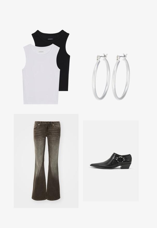 Zwei ärmellose Oberteile in Schwarz und Weiß, aus geripptem Baumwollstoff, mit runden Ausschnitten und einem taillierten Design. Etiketten auf beiden sichtbar.; Ausgestellte Jeans aus dunkelgrauem Stoff mit einem verwaschenen Finish. Verfügt über fünf Taschen, Frontknopfverschluss und subtile Nähte.; Schwarze Leder-Ankle-Boots mit spitzem Zeh, ausgestattet mit einem vorderen Leder-Riemen und einem silbernen Schnallendetail sowie einem niedrigen Blockabsatz.; Silberne Creolen mit einer glatten, polierten Oberfläche. Runder Form und sicherem Klickverschluss. Leichtes Design, geeignet für den täglichen Gebrauch.