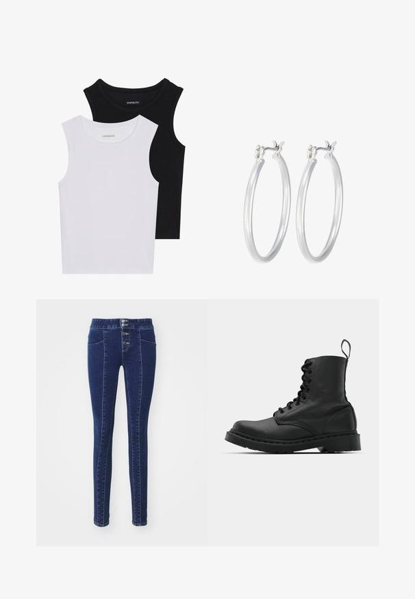 Kaks lühikeste varrukateta toppi mustas ja valges, valmistatud ribakudumist, ümarate kaelustega ja sobiva disainiga. Mõlemal on nähtavad sildid.; Tumed sinised teksad, millel on kõrge vöökoht, viie nupuga sulgemine, kaks eesmist taskut ja slim fit disain. Sile tekstuur.; Mustad mustavi combat kingad ümmarguse varbaga, paeltega esiosa ja säärel tõmbeaas. Omab paksu kummist tallat, mis tagab vastupidavuse.; Hõbedased rõngaskõrvarõngad, millel on sile, läikiv viimistlus. Ümmargune kuju ja turvaline klõpsulatus. Kerge disain, sobib igapäevaseks kandmiseks.