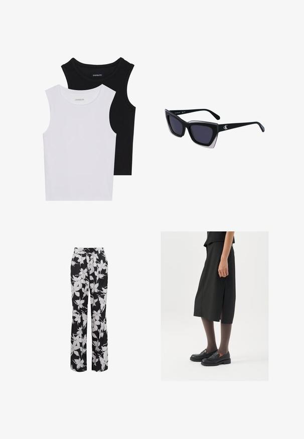 Zwei ärmellose Oberteile in Schwarz und Weiß, aus geripptem Baumwollstoff, mit runden Ausschnitten und einem taillierten Design. Etiketten auf beiden sichtbar.; Schwarzblumige Hose mit lockerer Passform. Verfügt über weiße Blumenmuster und einen elastischen Bund. Hergestellt aus glattem, leichtem Stoff.; Schwarzer knielanger Rock mit seitlichem Schlitz, kombiniert mit schwarzen Loafers und transparenten braunen Strumpfhosen, aus glattem Stoff und mit einem schlichten Design.; Schwarze übergroße Sonnenbrille mit geometrischer Form, ausgestattet mit dunklen Gläsern und einem kontrastierenden grauen Detail im Rahmen. Logo am Bügel.; Silberne Metalohrringe mit einer glatten, tröpfchenförmigen Form und einer polierten Oberfläche. Subtile Gravuren fügen Details hinzu. Minimalistisches Design.