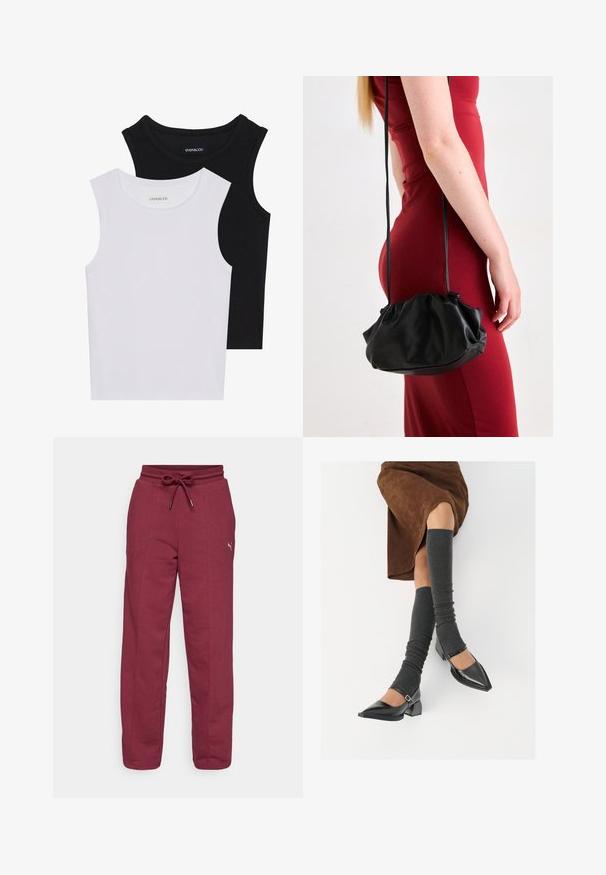 Duas blusas sem mangas em preto e branco, feitas de algodão canelado, com decotes redondos e um design ajustado. Etiquetas visíveis em ambas.; Sweatpants de cor bordo com cintura elástica, cordão ajustável, costuras laterais e um pequeno logotipo na coxa esquerda. Material suave em mistura de algodão.; Sapatos pretos de pele lacada com biqueira pontuda, salto bloco e tiras no tornozelo, combinados com caneleiras cinzas em malha e uma saia de camurça castanha.; Bolsa preta, com formato descaído, feita de material suave, apresentando um fecho por cordão e duas alças, segurada por uma pessoa vestindo um vestido vermelho.