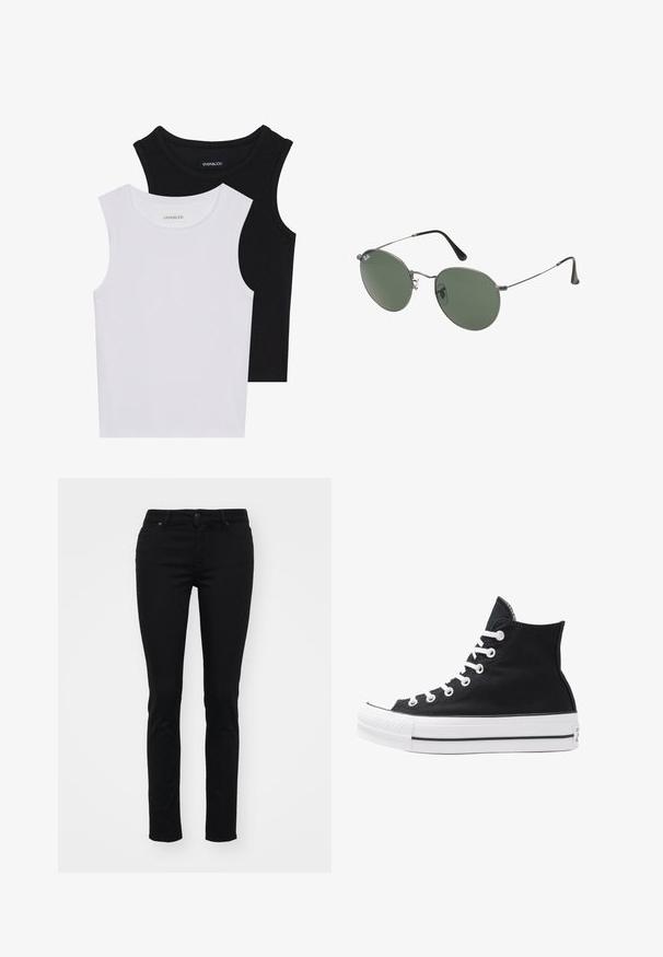 Dos camisetas sin mangas en negro y blanco, hechas de algodón acanalado, con escote redondo y un diseño ajustado. Etiquetas visibles en ambas.; Jeans skinny de mezclilla negra con una textura suave, diseño de cinco bolsillos, presillas para cinturón, cierre de botón y sin patrones ni adornos visibles.; Zapatilla alta de lona negra con ojales, cordones y suela de goma blanca. Presenta una puntera texturizada y acentos en negro y blanco.; Gafas de sol con marco de metal y lentes ovalados verdes. Marco delgado de metal plateado y puntas de las orejas negras. Diseño minimalista, sin logotipos visibles.