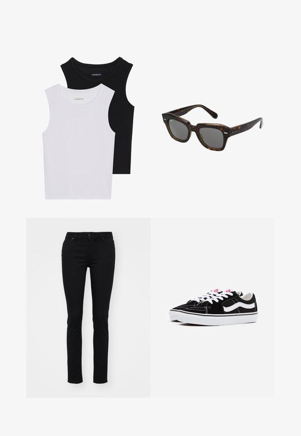 Två ärmlösa toppar i svart och vitt, tillverkade av ribbat bomull, med rund halsringning och en figurpassande design. Etiketter synliga på båda.; Svarta skinny jeans i denim med en mjuk yta, femfickorsdesign, bälteshällor, knappstängning och utan synliga mönster eller utsmyckningar.; Svarta mockaskor med vita snören, som har ett framträdande vitt sidostreck och svart gummisula, med kontrasterande sömdetaljer.; Rektangulära solglasögon med ram i sköldpaddsplast, mörka linser och silverdetaljer på sidorna. Tillverkade i Italien.