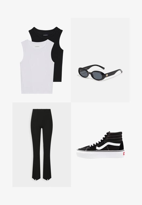 Dve brezrokavne majice v črni in beli barvi, izdelane iz rebrastega bombaža, z okroglimi izrezi in prilegajočim oblikovanjem. Oznake so vidne na obeh.; Črne široke hlače s rebrasto teksturo, z bočnimi razpoki na robu in visokim pasom. Gladka tkanina brez vidnih okrasnih elementov.; Črne visoke superge z belimi vezalkami, belim logotipom in kontrastnim belim šivom. Imajo debel bel podplat in teksturirano usnje.; Črne ovalne sončna očala s temnimi lečami, sijajnim plastičnim ohišjem, širokimi ročaji in majhnim zlatim naglavkom na eni strani.