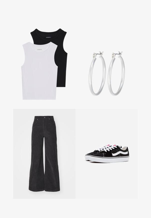 Deux hauts sans manches en noir et blanc, en coton côtelé, avec des encolures rondes et une coupe ajustée. Étiquettes visibles sur les deux.; Pantalons large en velours côtelé noir avec taille haute, poches avant et fermeture à bouton. Le tissu présente une surface douce et texturée.; Baskets en daim noir avec des lacets blancs, arborant une bande latérale blanche bien prononcée et une semelle en caoutchouc noir, mettant en avant des détails de surpiqûres contrastées.; Boucles d'oreilles en argent avec une finition lisse et polie. Forme ronde et fermeture à clip sécurisée. Design léger adapté pour un port quotidien.