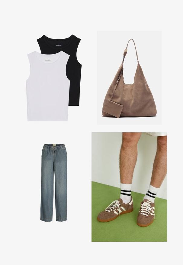 Két ujjatlan felső fekete és fehér színben, bordás pamutból készült, kerek nyakkivágással és testhez simuló fazonnal. Mindkettőn látható címke.; Világoskék denim nadrág széles lábakkal, rugalmas derékrésszel és húzózsinórral. Jellemzője a szabványos varrás, és nincsenek látható zsebek.; Barna velúr sportcipő fehér díszítéssel és fűzővel. Gumi talp. Fehér zoknival viselve, fekete csíkokkal. Zöld, textúrázott padló.; Zign LEATHER - Bevásárlótáska - light brown