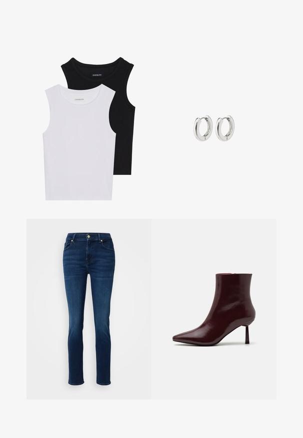 Dos camisetas sin mangas en negro y blanco, hechas de algodón acanalado, con escote redondo y un diseño ajustado. Etiquetas visibles en ambas.; Jeans de mezclilla azul oscuro con corte recto, cinco bolsillos, pasadores para cinturón y cierre de botón en la parte delantera. Textura suave y desvanecimiento mínimo.; Botín de charol burdeos con punta afilada y tacón de aguja delgado, que presenta una textura suave y brillante y un diseño minimalista.; Pendientes de aro de plata con un acabado pulido, que presentan un diseño circular y bisagras sin costuras, exhibiendo una textura suave.