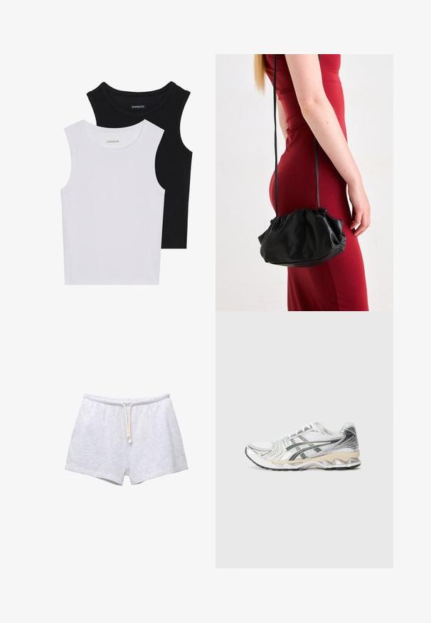 Dve bezrukávové topy v čiernej a bielej farbe, vyrobené z rebrovanej bavlny, s okrúhlym výstrihom a priliehavým strihom. Viditeľné štítky na oboch.; Sivé bavlnené šortky s elastickým pásom a šnúrkou na stiahnutie. Hladká textúra a jednoduchý dizajn, bez vzorov či akcentov.; Biele športové topánky so striebornými a čiernymi akcentmi, sieťovaným zvrškom, štruktúrovaným dizajnom, polstrovanou podrážkou a flexibilným vzorom podrážky.; Čierna, voľná kabelka vyrobená z hladkého materiálu, s uzatváraním na šnúrku a dvoma ramennými popruhmi, ktorú drží osoba v červených šatách.