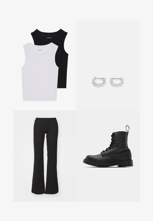 Dve bezrukávové topy v čiernej a bielej farbe, vyrobené z rebrovanej bavlny, s okrúhlym výstrihom a priliehavým strihom. Viditeľné štítky na oboch.; Čierne rozšírené nohavice vyrobené z bavlny, so zipsom a dvoma gombíkmi, poskytujúce predné vrecká a hladký povrch. Jednoduchý a všestranný dizajn.; Čierna kožená bojová topánka s okrúhlou špičkou, šnurovaním na prednej strane a pútkom pri členku. Má hrubú gumovú podrážku pre trvanlivosť.; Strieborné kruhové náušnice s jasnými, obdĺžnikovými a trojuholníkovými kryštálmi usporiadanými v vzorovom dizajne. Západky pre zabezpečenie upevnenia.