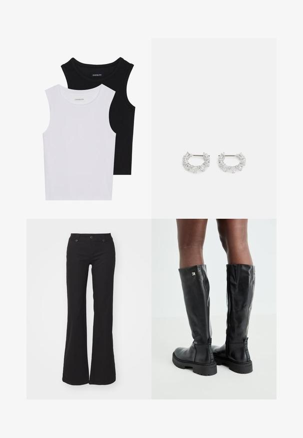 Twee mouwloze tops in zwart en wit, gemaakt van geribbelde katoen, met ronde halslijnen en een getailleerd ontwerp. Labels zichtbaar op beide.; Zwarte flared broek van katoen met een rits en twee knopen, voorzien van zijzakken en een gladde textuur. Eenvoudig en veelzijdig ontwerp.; Zwarte leren kniehoge laarzen met een gladde textuur, ronde neus, stevige zool en ritssluiting. Voorzien van een zilveren logo aan de zijkant.; Zilveren oorbellen met ringen, versierd met heldere, rechthoekige en driehoekige kristallen die in een patroon zijn gerangschikt. Met gevest voor een veilige bevestiging.