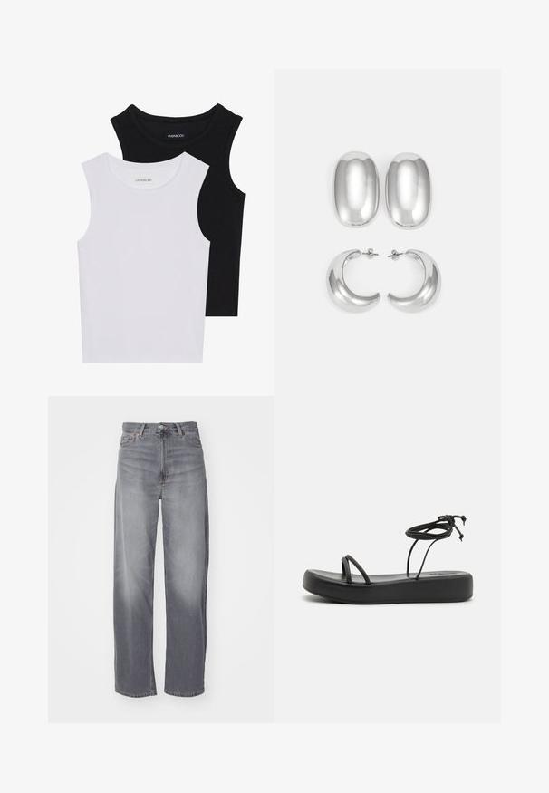 Due magliette senza maniche, in bianco e nero, realizzate in cotone a coste, con colli rotondi e un design aderente. Etichette visibili su entrambe.; Weekday RAIL MID LOOSE STRAIGHT  - Jeans a sigaretta - misty grey; Sandali neri piatti con suola larga, fasce sottili e un nodo regolabile alla caviglia. Texture liscia con un design minimalista.; Set di orecchini argento: due orecchini a bottone ovali e due orecchini a cerchio a forma di mezzaluna, caratterizzati da una finitura lucida e liscia e un design arrotondato.