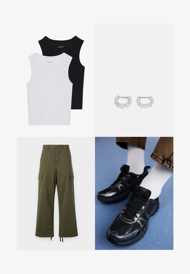 Due magliette senza maniche, in bianco e nero, realizzate in cotone a coste, con colli rotondi e un design aderente. Etichette visibili su entrambe.; Pantaloni cargo verdi oliva in cotone, con vita alta, gambali larghi, tasche cargo laterali e cordoncini regolabili all'orlo.; Le scarpe da sport nere Nike presentano una tomaia in rete con dettagli lucidi, lacci neri e una suola texture. Abbinate a calzini bianchi a coste.; Orecchini a cerchio in argento con cristalli trasparenti, rettangolari e triangolari disposti in un design a motivi. presenza di perni per un fissaggio sicuro.