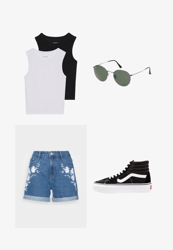 Két ujjatlan felső fekete és fehér színben, bordás pamutból készült, kerek nyakkivágással és testhez simuló fazonnal. Mindkettőn látható címke.; Középkék mosású farmer sort, felgöngyölt szegéllyel és fehér virágmintával az elülső oldalakon. Klasszikus öt zsebes kialakítás.; Fekete magasszárú sportcipők fehér fűzővel, fehér logóval és kontrasztos fehér varrással. Vastag fehér talppal és texturált velúrból készült felsőrész jellemzi.; Fémkeretes napszemüveg ovális zöld lencsékkel. Vékony ezüst színű fémkeret és fekete fülrész. Minimalista dizájn, látható logók nélkül.