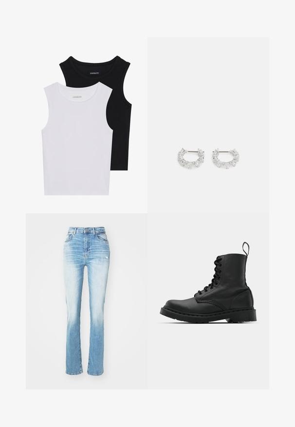 Dve brezrokavne majice v črni in beli barvi, izdelane iz rebrastega bombaža, z okroglimi izrezi in prilegajočim oblikovanjem. Oznake so vidne na obeh.; Svetlo modri kavbojki z visokim pasom, ravnim krojem, subtilnim zbledelostmi in klasičnim petim žepnim stilom. Prisotni so obrabljeni detajli.; Črne usnjene vojaške škornje s okroglo konico, z vezalkami spredaj in z zanko na gležnju. Imajo debele gumijaste podplate za dolgo življenjsko dobo.; Srebrni obročasti uhani, ki vsebujejo prozorne, pravokotne in trikotne kristale, razporejene v vzorčnem dizajnu. Imajo nastavke za varno pritrjevanje.