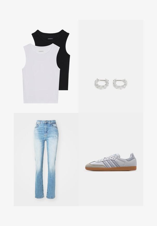 Dos camisetas sin mangas en negro y blanco, hechas de algodón acanalado, con escote redondo y un diseño ajustado. Etiquetas visibles en ambas.; Vaqueros de mezclilla azul claro con cintura alta, diseño de pierna recta, un ligero desvanecimiento y un estilo clásico de cinco bolsillos. Presentan toques desgastados.; Zapatillas de cuero blanco con acentos en azul claro, puntera de ante gris y suela de goma marrón. Presentan tres rayas azules y la marca "Samba".; Pendientes de aro de plata con cristales claros, rectangulares y triangulares dispuestos en un diseño en patrones. Con tachuelas para un cierre seguro.