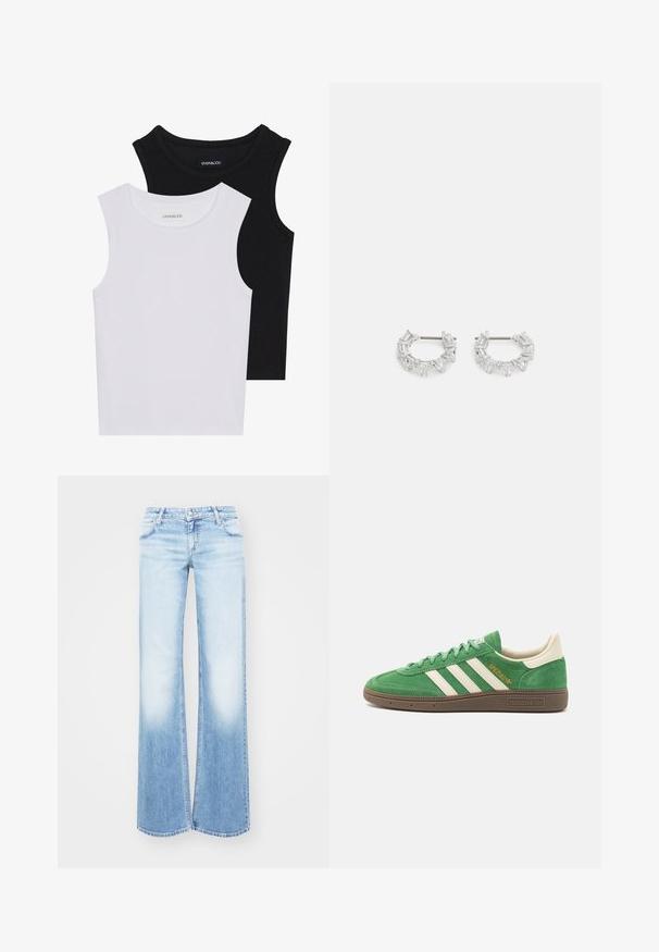 Dve brezrokavne majice v črni in beli barvi, izdelane iz rebrastega bombaža, z okroglimi izrezi in prilegajočim oblikovanjem. Oznake so vidne na obeh.; Svijetloplave traperice s proširenim nogavicama i postepenim izbljeđivanjem. Imaju klasičan dizajn s pet džepova i metalnu kopču na struku.; Zelene zamšene teniske z belim trakom s tremi črtami, kremnimi detajli in rjavim teksturiranim podplatom. "SPEZIAL" vezeno z zlatimi nitmi na strani.; Srebrni obročasti uhani, ki vsebujejo prozorne, pravokotne in trikotne kristale, razporejene v vzorčnem dizajnu. Imajo nastavke za varno pritrjevanje.