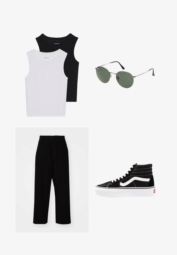 Zwei ärmellose Oberteile in Schwarz und Weiß, aus geripptem Baumwollstoff, mit runden Ausschnitten und einem taillierten Design. Etiketten auf beiden sichtbar.; Schwarze Hosen aus robustem Baumwollstoff. Sie verfügen über ein gerades Bein-Design, Gürtelschlaufen, einen Knopfverschluss und einen sauberen Saum.; Schwarze High-Top-Sneaker mit weißen Schnürsenkeln, einem weißen Logo und kontrastierendem weißen Nähten. Verfügt über eine dicke weiße Sohle und ein strukturiertes Wildleder-Obermaterial.; Metallgestellte Sonnenbrille mit ovalen grünen Gläsern. Dünner silberner Metallrahmen und schwarze Ohrstücke. Minimalistisches Design, keine sichtbaren Logos.