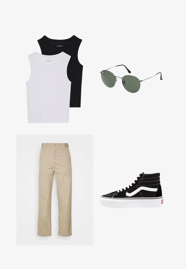 To skjortetopper uten ermer i svart og hvitt, laget av ribbestrikket bomull, med rund hals og en tettsittende design. Merker synlige på begge.; Beige bomull chinos med rett ben-design, knappelukking og beltehemper. Glatt tekstur uten synlige mønstre eller detaljer.; Svarte høyhælte joggesko med hvite snøringer, en hvit logo og kontrasterende hvit søm. Har en tykk hvit såle og teksturert semsket skinn på overflaten.; Metallinnrammede solbriller med ovale grønne linser. Tynn sølvfarget metallramme og svarte øreplugger. Minimalistisk design, ingen synlige logoer.
