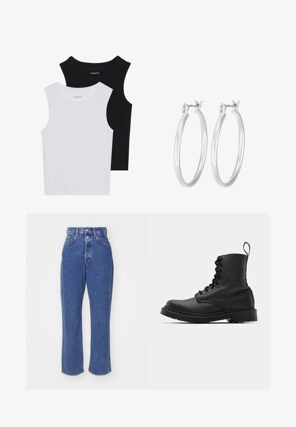 Dve brezrokavne majice v črni in beli barvi, izdelane iz rebrastega bombaža, z okroglimi izrezi in prilegajočim oblikovanjem. Oznake so vidne na obeh.; Modre kavbojke s visokim pasom in ravnimi nogami, s petimi žepi, zankami za pas in subtilnimi šivi. Gladka tekstura.; Črne usnjene vojaške škornje s okroglo konico, z vezalkami spredaj in z zanko na gležnju. Imajo debele gumijaste podplate za dolgo življenjsko dobo.; Srebrni obroči za ušesa z gladko, polirano površino. Okrogla oblika in varna zaponka s klikom. Lahka zasnova, primerna za vsakodnevno nošenje.
