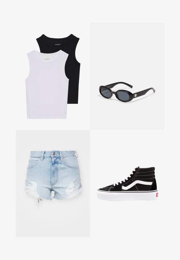 Dos camisetas sin mangas en negro y blanco, hechas de algodón acanalado, con escote redondo y un diseño ajustado. Etiquetas visibles en ambas.; Lee RIDER - Shorts vaqueros - bubbled over; Zapatillas altas negras con cordones blancos, un logo blanco y costuras en blanco que contrastan. Presentan una suela blanca gruesa y una parte superior de ante texturizado.; Gafas de sol negras en forma ovalada con lentes oscuros, montura de plástico brillante, brazos anchos y un pequeño acento dorado en un lado.